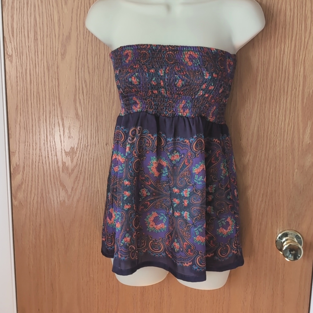Navy blue paisley strapless tube top with babydoll peplum size S/P